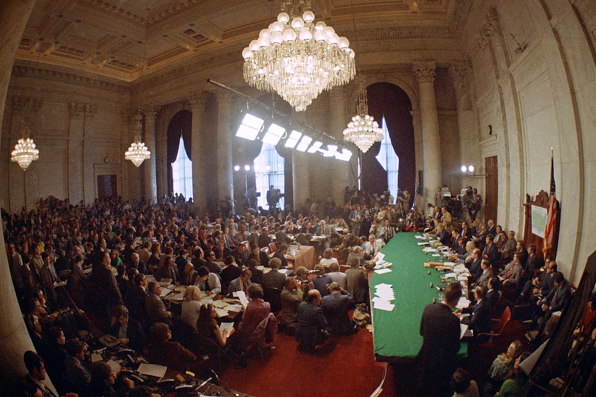 FILE - In this May 18, 1973, file photo, the hearing of the Senate select committee on the Watergate case on Capitol Hill in Washington. In 1973, millions of Americans tuned in to what Variety called “the hottest daytime soap opera” _ the Senate Watergate hearings that eventually led to President Richard Nixon’s resignation. 
