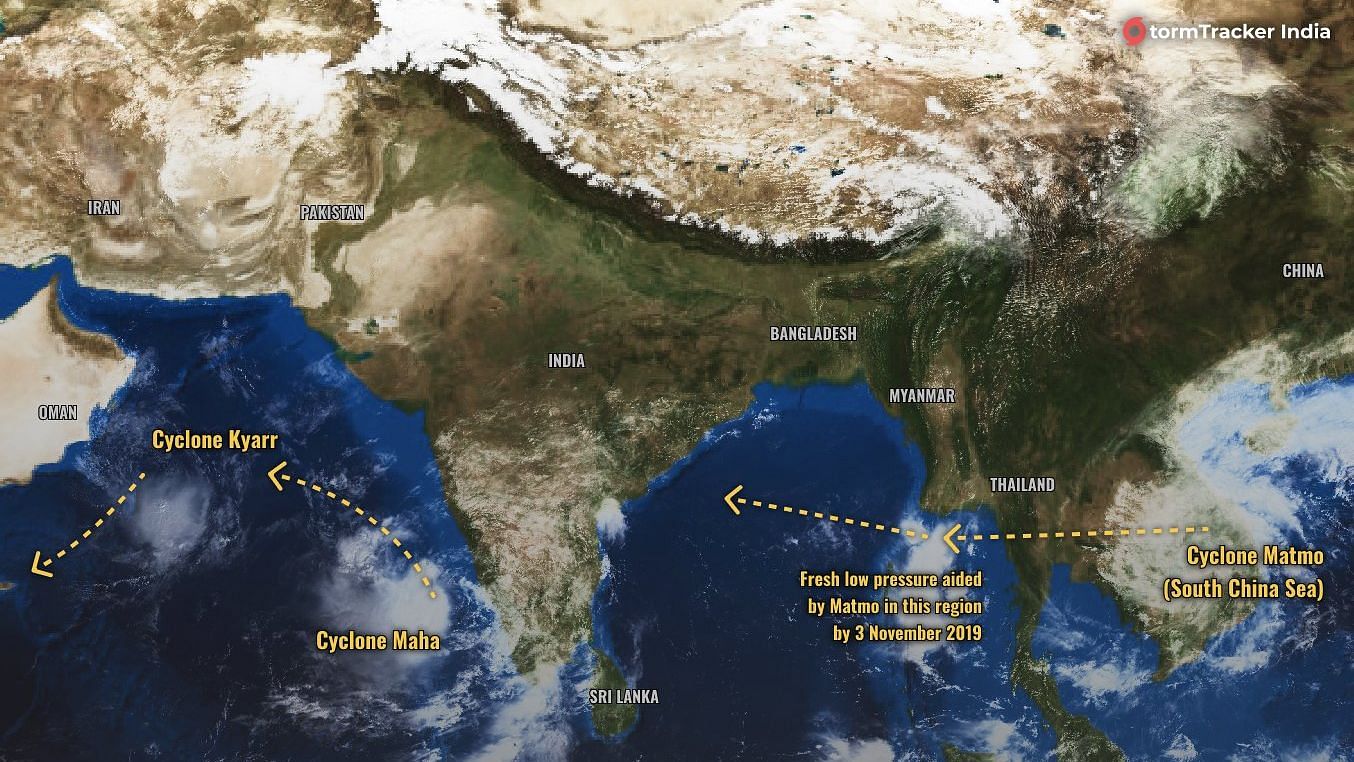 Progress of Cyclone Kyarr and Maha on 31 October.&nbsp;