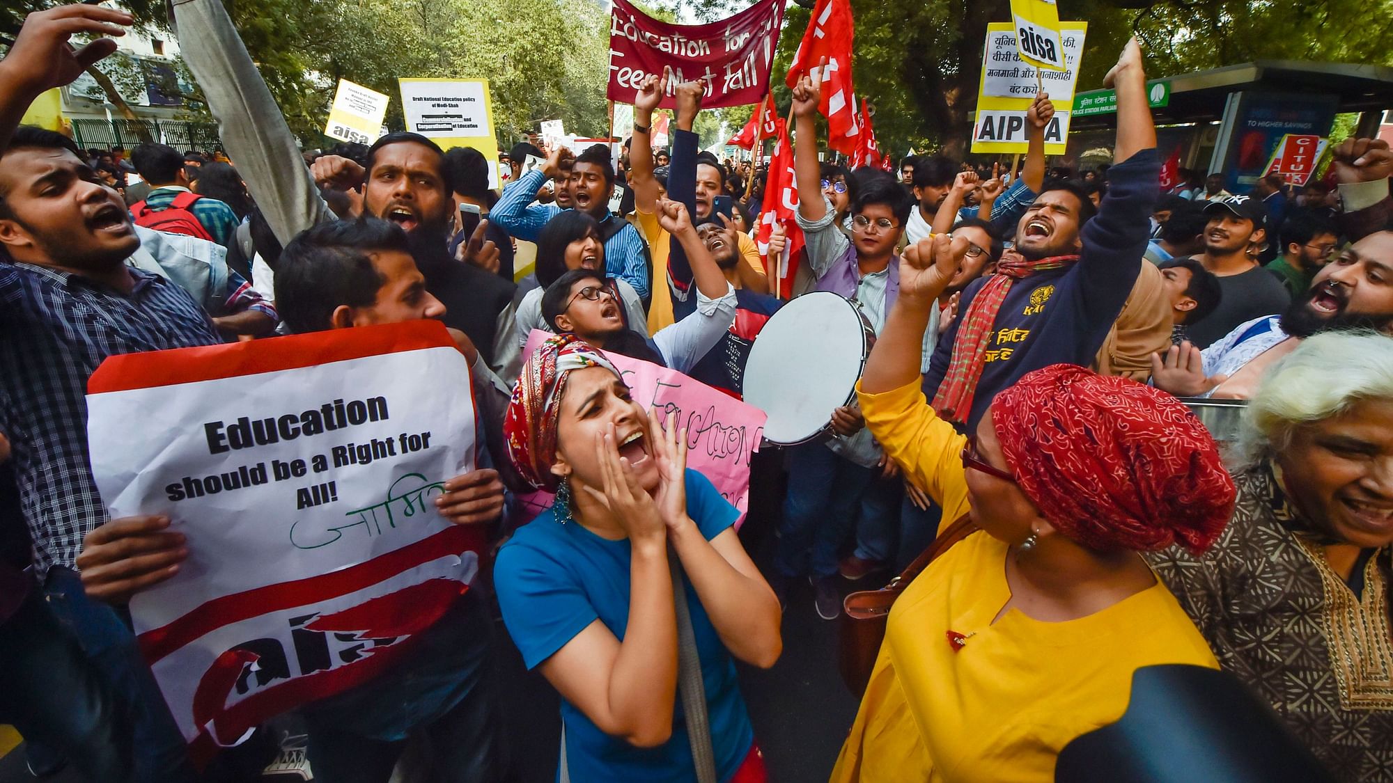 Hundreds of people joined the protest by Jawaharlal Nehru University students against the hostel and mess fee hike, in  Delhi on Satuday.