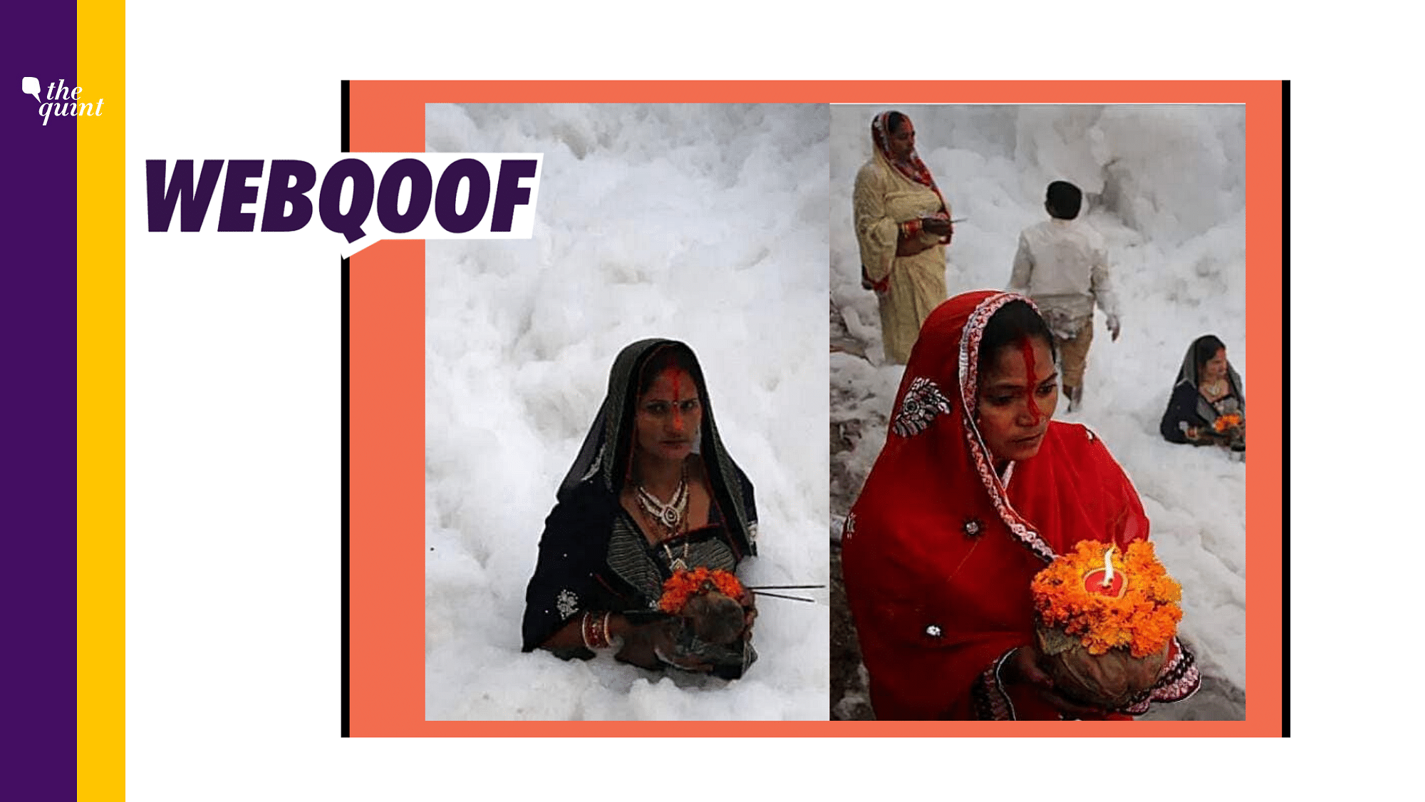 The photos show devotees offering homage to the sun god standing in waist-deep toxic foam in Delhi’s Kalindi Kunj.