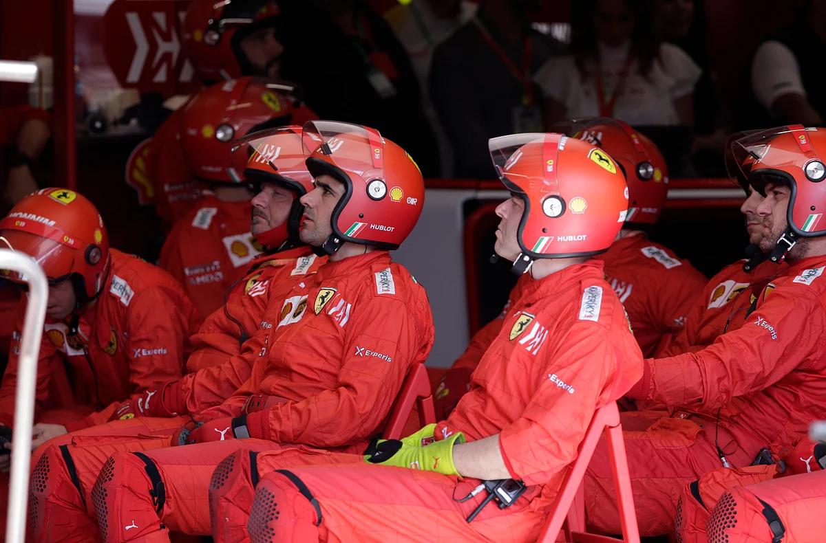 Ferrari mechanics at the pits during the Brazilian Formula One Grand Prix at the Interlagos race track in Sao Paulo, Brazil.
