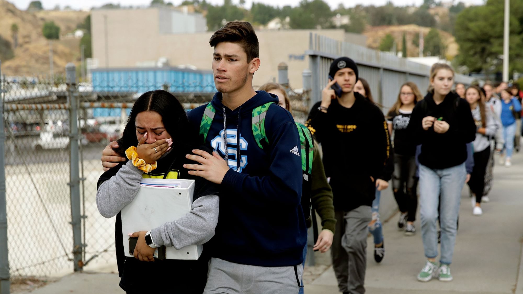 Students were escorted out of Saugus High School after reports of a shooting.&nbsp;