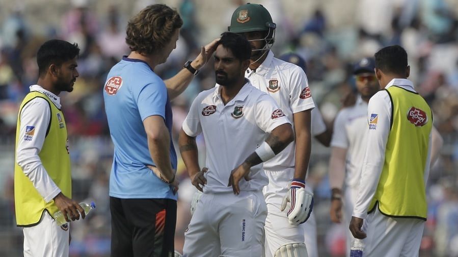 Liton Das was hit by a bouncer from India pacer Mohammed Shami on the opening day of the Day-Night Test.