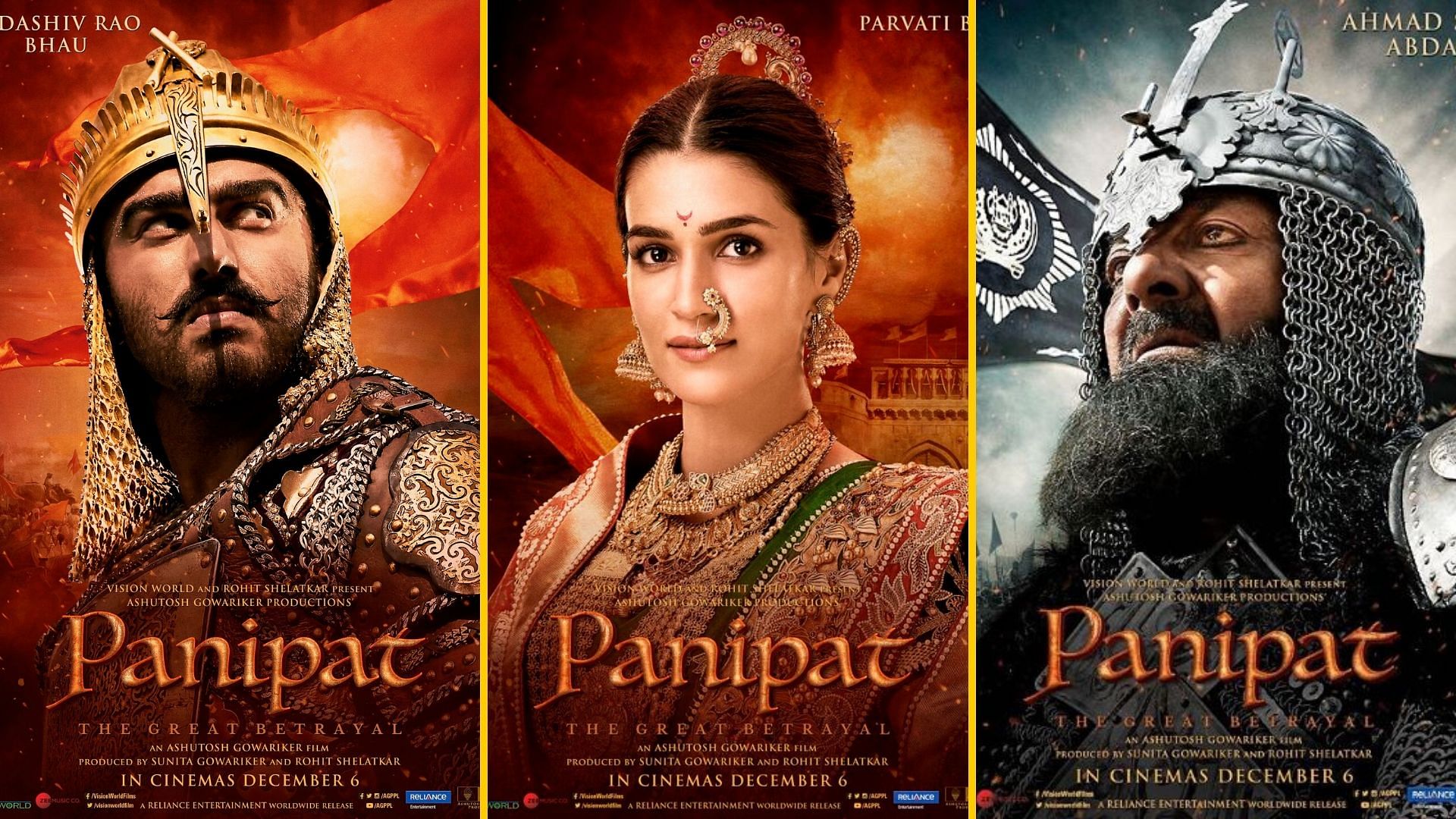 Arjun Kapoor, Kriti Sanon and Sanjay Dutt in posters for <i>Panipat</i>.