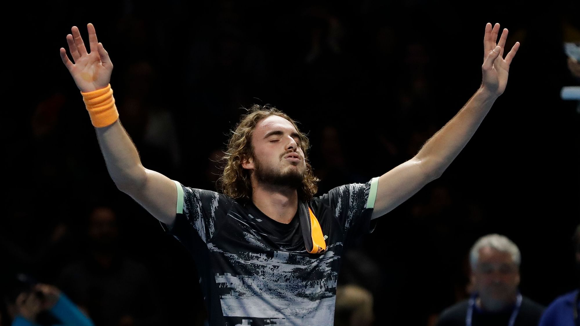 Stefanos Tsitsipas of Greece reacts after defeating Austria’s Dominic Thiem to win their ATP World Finals singles final tennis match at the O2 arena in London.