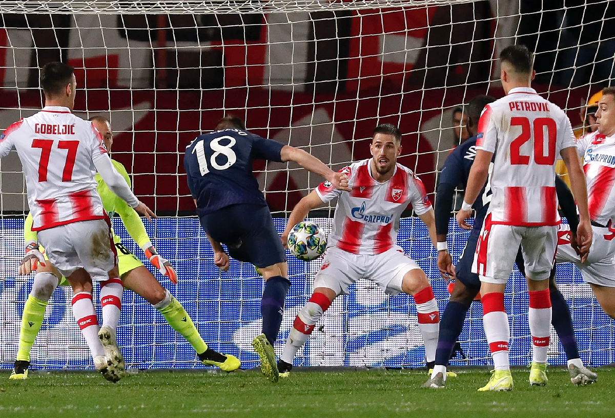 Tottenham’s Giovani Lo Celso scores his side’s first goal during the Champions League group B game between Red Star and Tottenham, at the Rajko Mitic Stadium in Belgrade, Serbia.