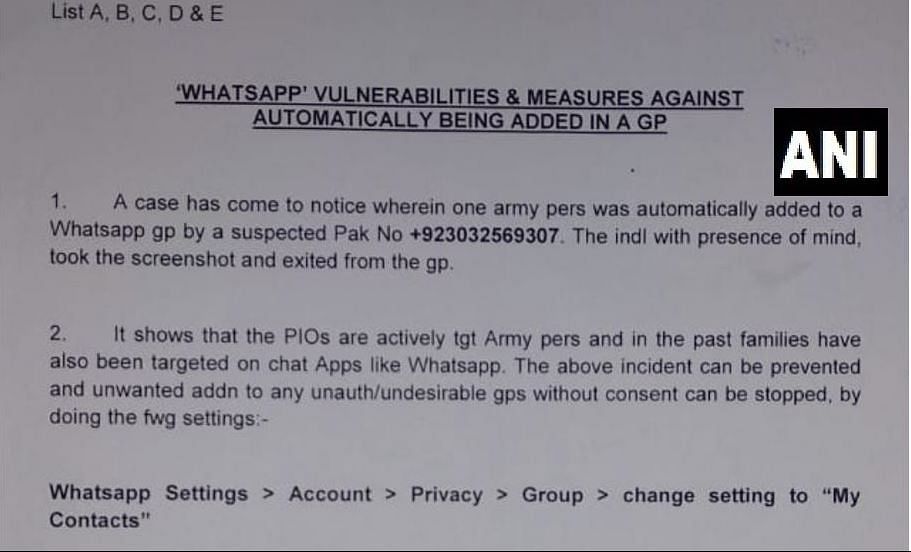 The advisory was issued after an Army personnel was added to a WhatsApp group  by a suspected Pak number.