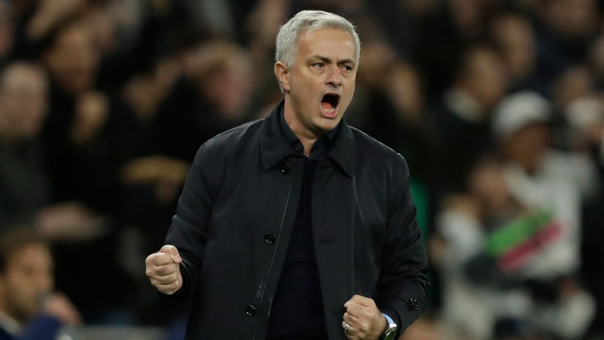 Tottenham’s manager Jose Mourinho celebrates his team second goal during the Champions League Group B match between Tottenham Hotspur and Olympiakos at the Tottenham Hotspur Stadium in London,