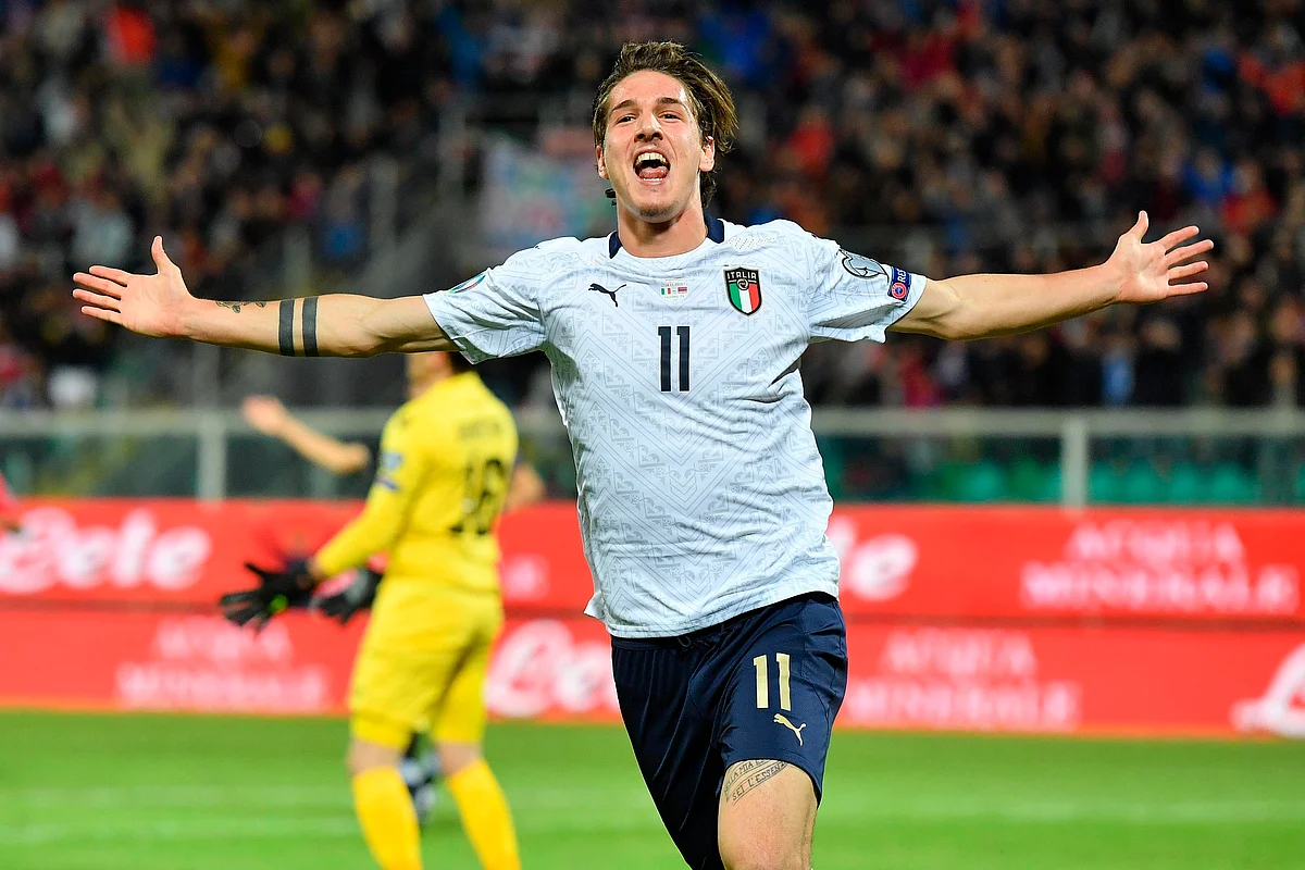Italy’s Nicolo’ Zaniolo celebrates after scoring his side’s second goal during a group J qualifying game between Italy and Armenia at the Renzo Barbera stadium, in Palermo, Italy.