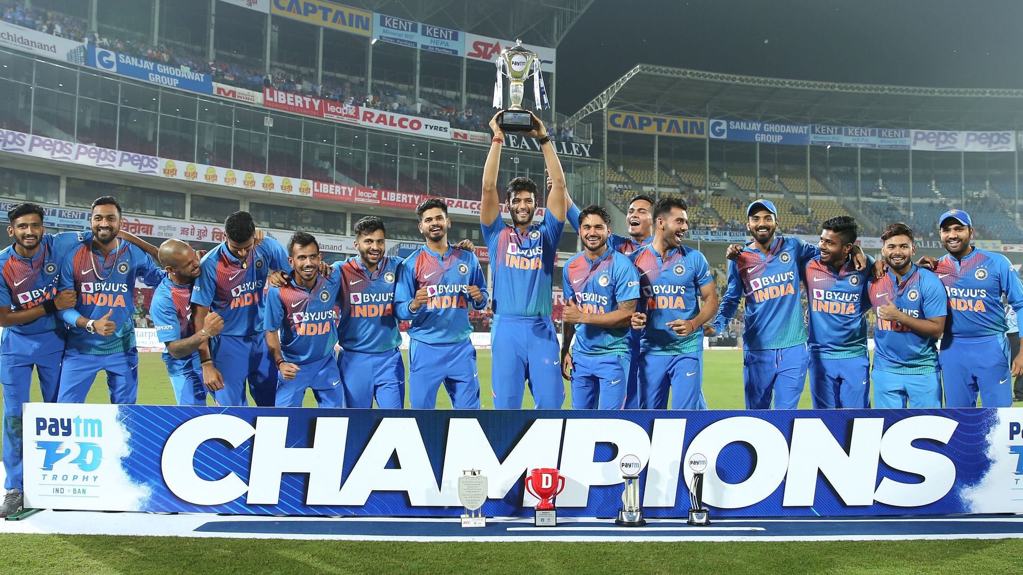 The Indian team celebrate the series win over Bangladesh after the Nagpur T20I on Sunday at the Vidarbha Cricket Association Stadium, Nagpur on the 10th November 2019.