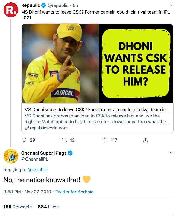 ‘Nation Knows That!’ CSK Trolls Republic TV For Speculation on MSD