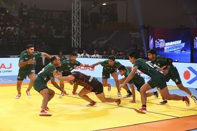 Dubai: Players in action during the first Semi-Final Kabaddi Masters match between Iran and Pakistan in Dubai, UAE on June 29, 2018. (Photo: IANS)