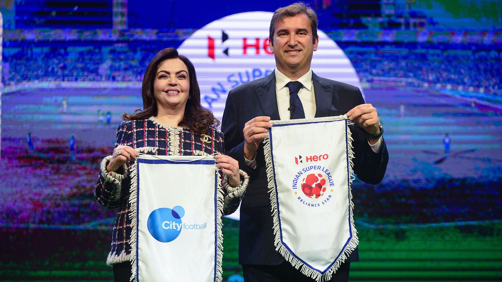  Football Sports Development Limited (FSDL) chairperson Nita Ambani and City Football Group CEO Ferran Soriano at a press conference in Mumbai on Thursday, 28 November.