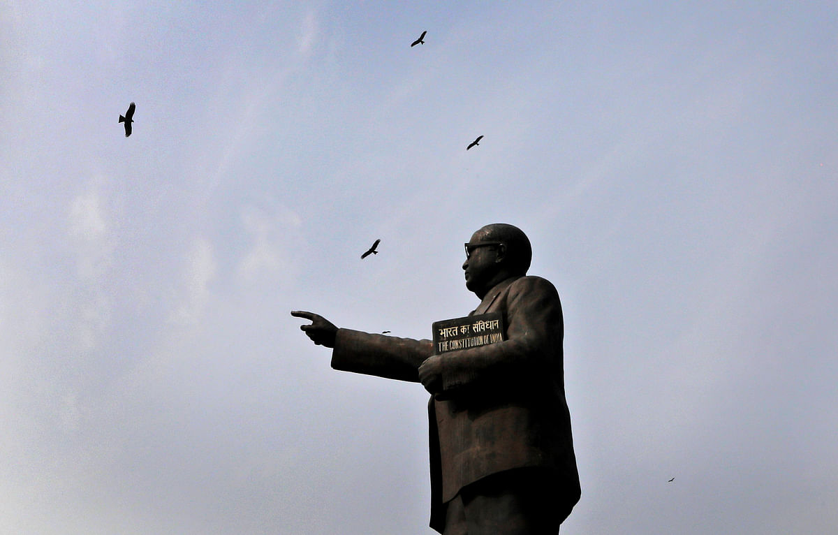 Birds fly over a statue of BR Ambedkar, who is also regarded as the architect of the constitution, on Constitution Day at the Parliament House in Delhi.