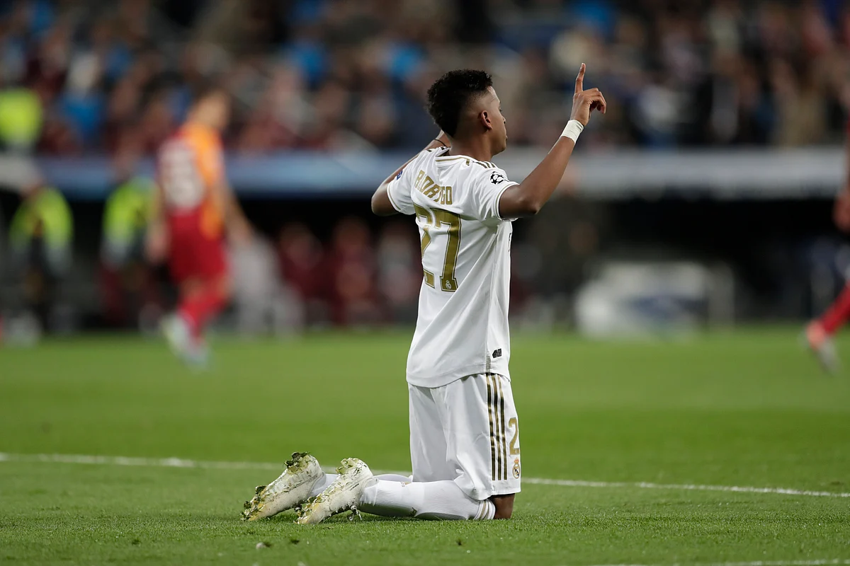 Real Madrid’s Rodrygo celebrates after scoring his side’s second goal during a Champions League group A game between Real Madrid and Galatasaray at the Santiago Bernabeu stadium in Madrid.
