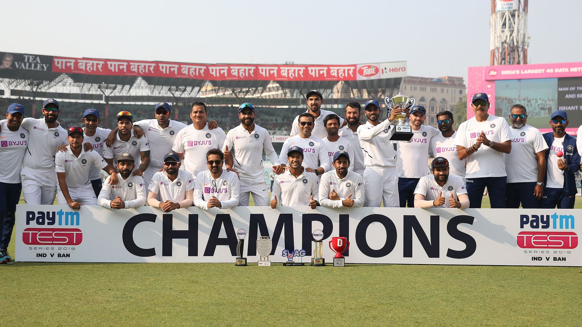 India celebrate after winning the Test series against Bangladesh, on day 3 of the 2nd Test match  held at the Eden Gardens Stadium, Kolkata on the 24th November 2019.