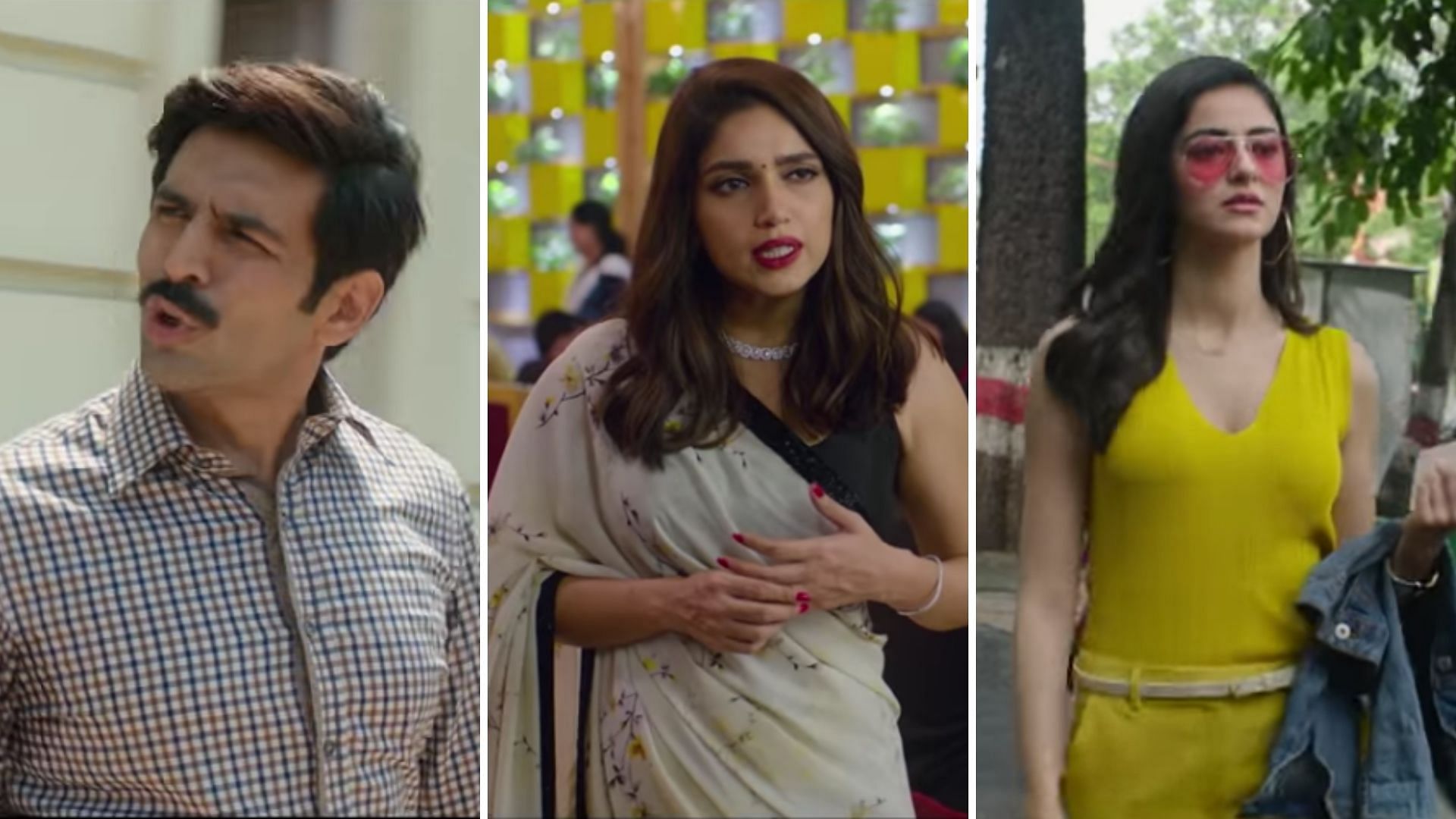Kartik Aaryan, Bhumi Pednekar and Ananya Panday in the <i>Pati, Patni Aur Woh </i>trailer.