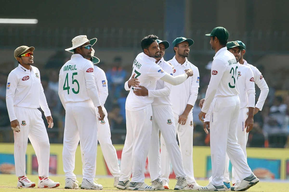 Bangladesh players celebrates the wicket of Ajinkya Rahane of India during day two of the the 1st Test match between India and Bangladesh held at the Holkar Cricket Stadium, Indore on the 15th November 2019. 