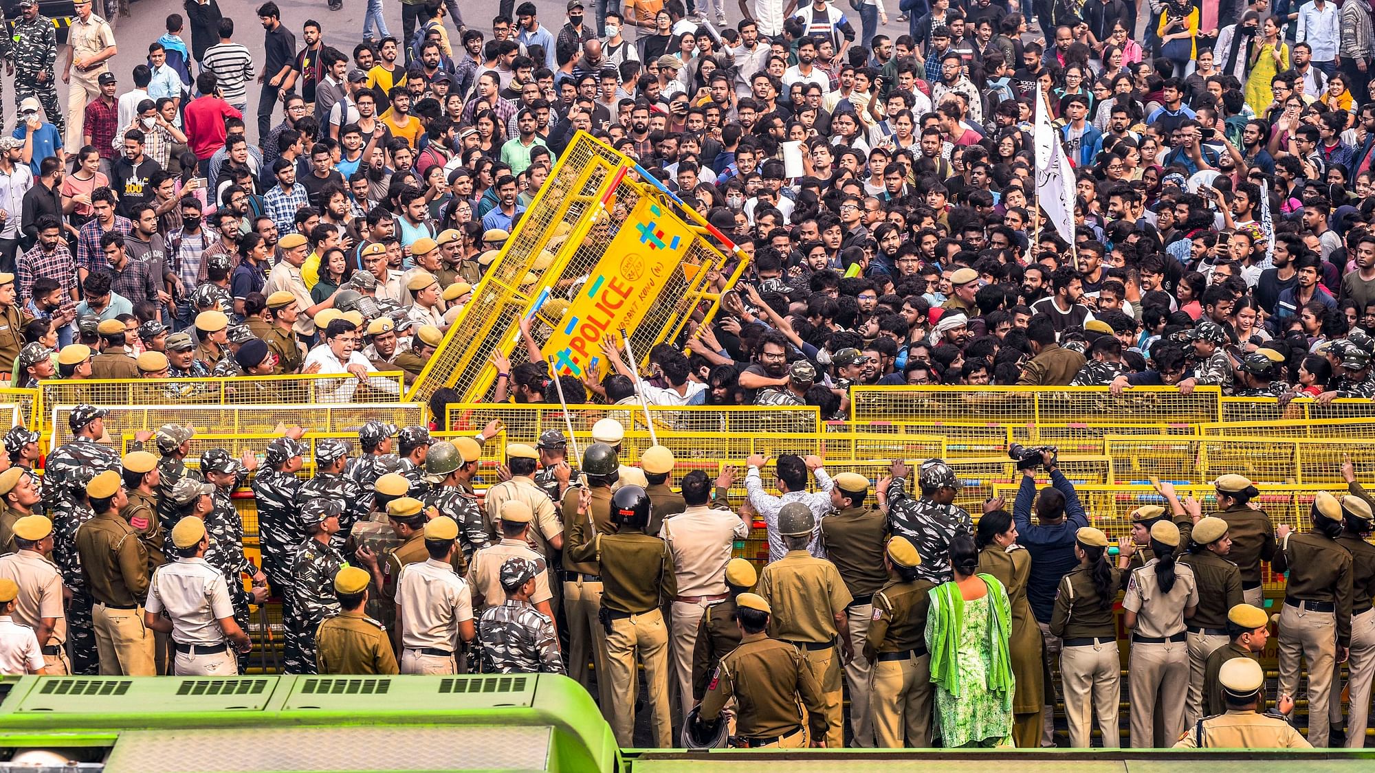 Jawaharlal Nehru University students clash with police during a protest against the administrations anti-students policy.