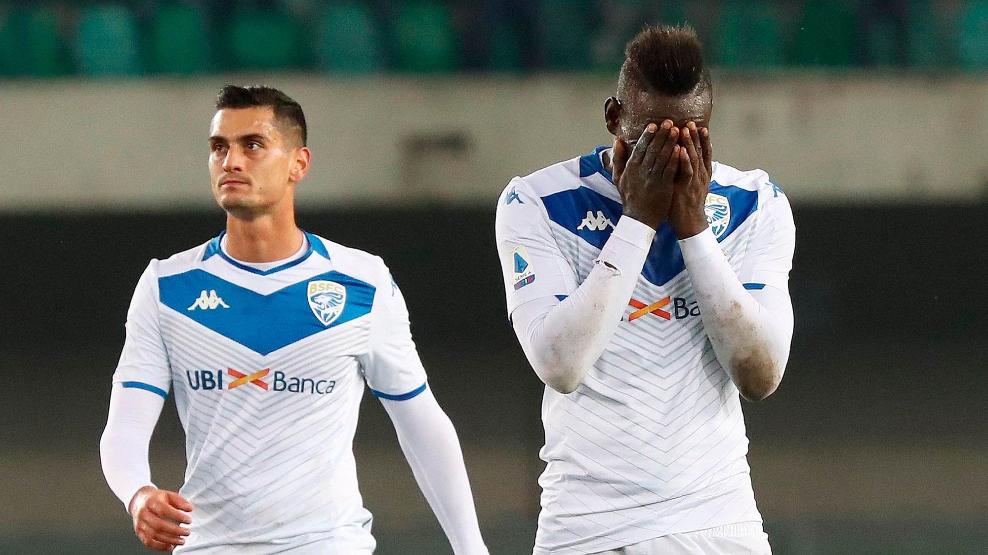 Brescia’s Mario Balotelli reacts at the end of the Serie A match between Verona and Brescia. The game ended 2-1 in Verona’s favour.