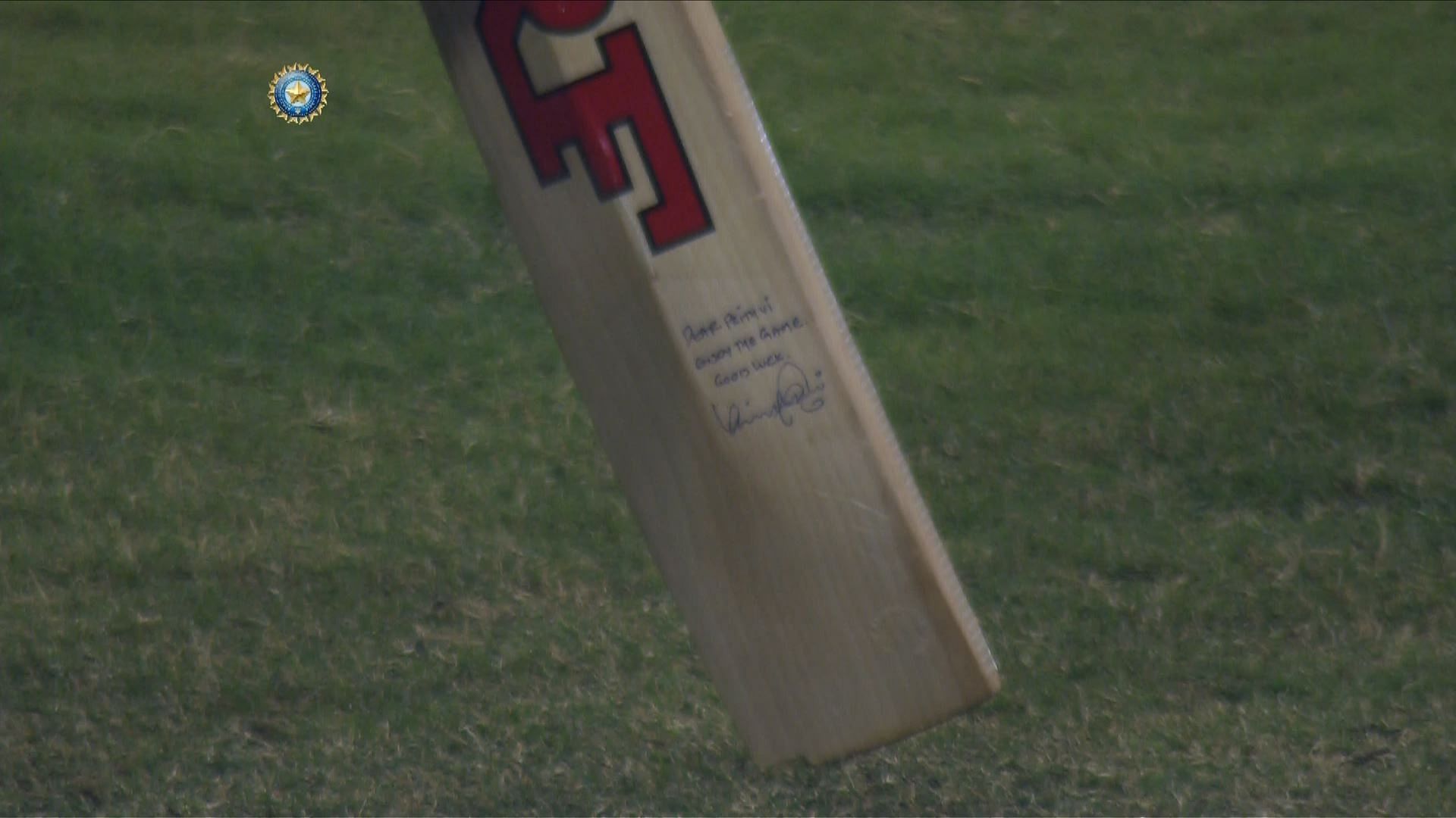 Prithvi Shaw’s bat had a message and an autograph from Indian skipper Virat Kohli.