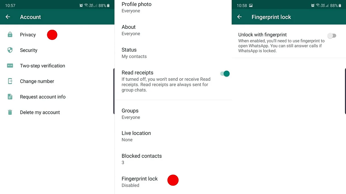 WhatsApp fingerprint security feature can be activated in Settings.
