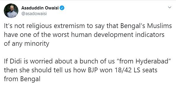 The TMC chief’s comments did not go down well with Owaisi, who took to Twitter to criticise her.