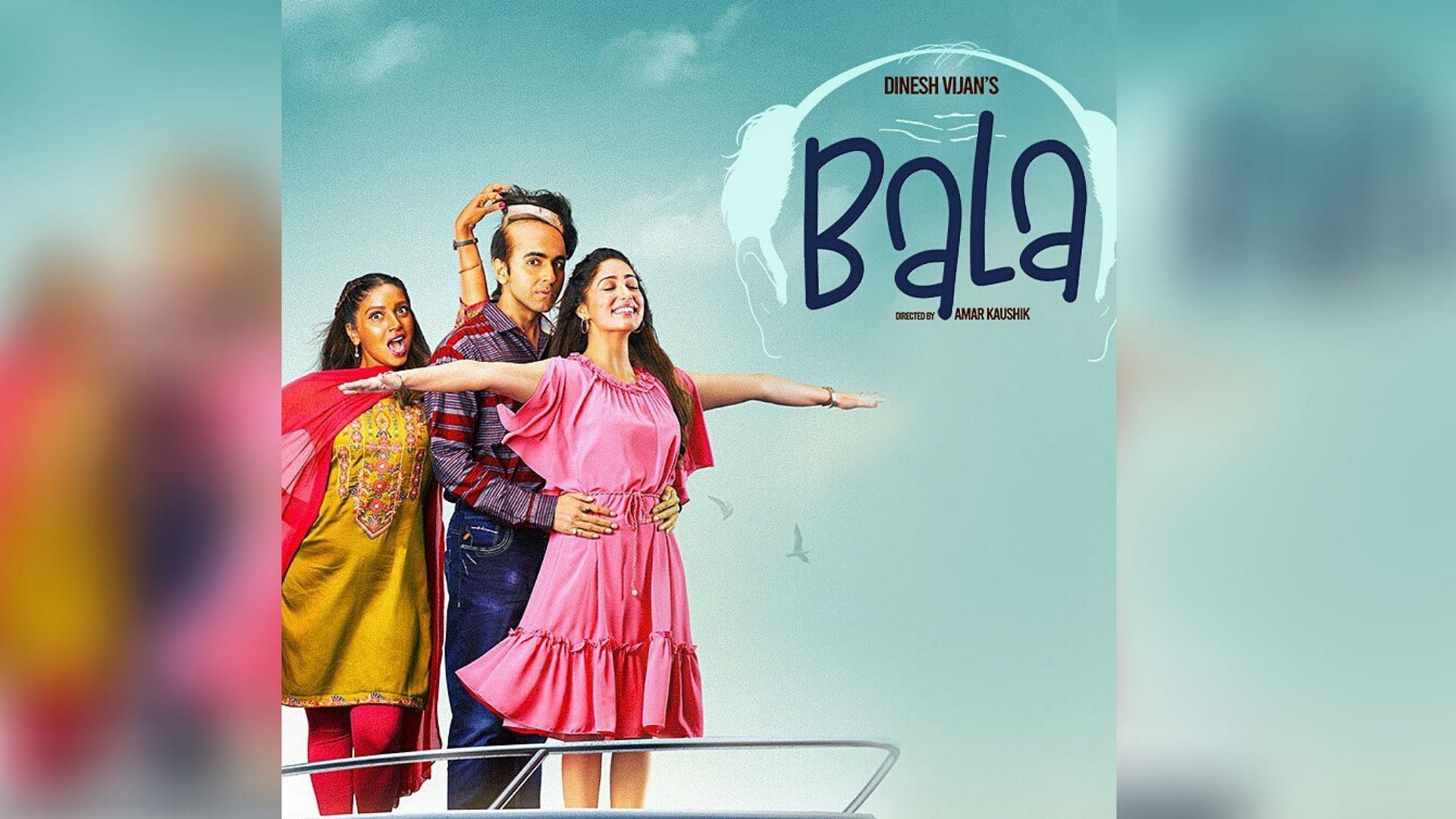 Ayushmann, Yami, Bhumi is a poster for <i>Bala.</i>