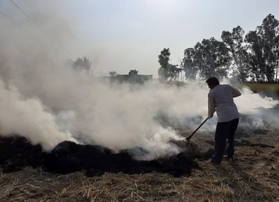 New Delhi: Stubble being burned at an agricultural field on the outskirts of New Delhi on Oct 16, 2019. The Arvind Kejriwal-led Aam Aadmi Party government has been blaming the severe air pollution in Delhi on these stubble burning activity. Since the past one week, the air quality of the national capital has seen constantly decreasing. The pollution levels in Delhi was found to be two times higher than the safe levels at noon on Wednesday. The air quality index (AQI) was 309. (Photo: IANS)
