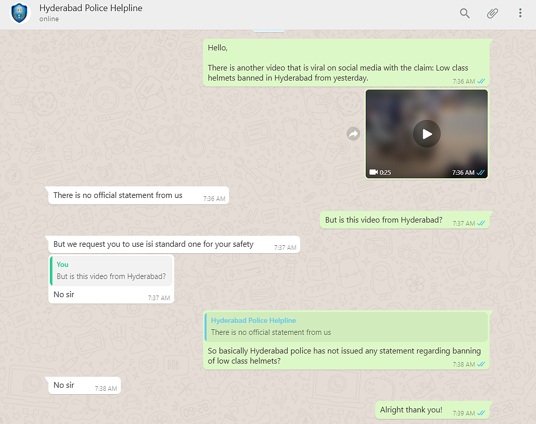<b>The Quint</b>’s WhatsApp conversation with the Hyderabad police.
