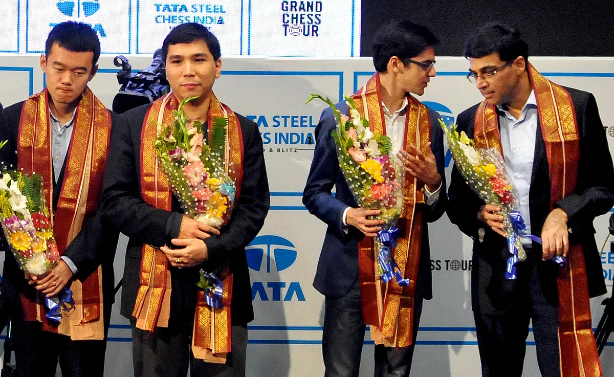 Five-time World Chess Champion Viswanathan Anand with Chinese, USA & Dutch Grandmasters Liren Ding, Wesley So, Anish Giri during the finals of Tata Steel Chess India-2019-Rapid & Blitz.