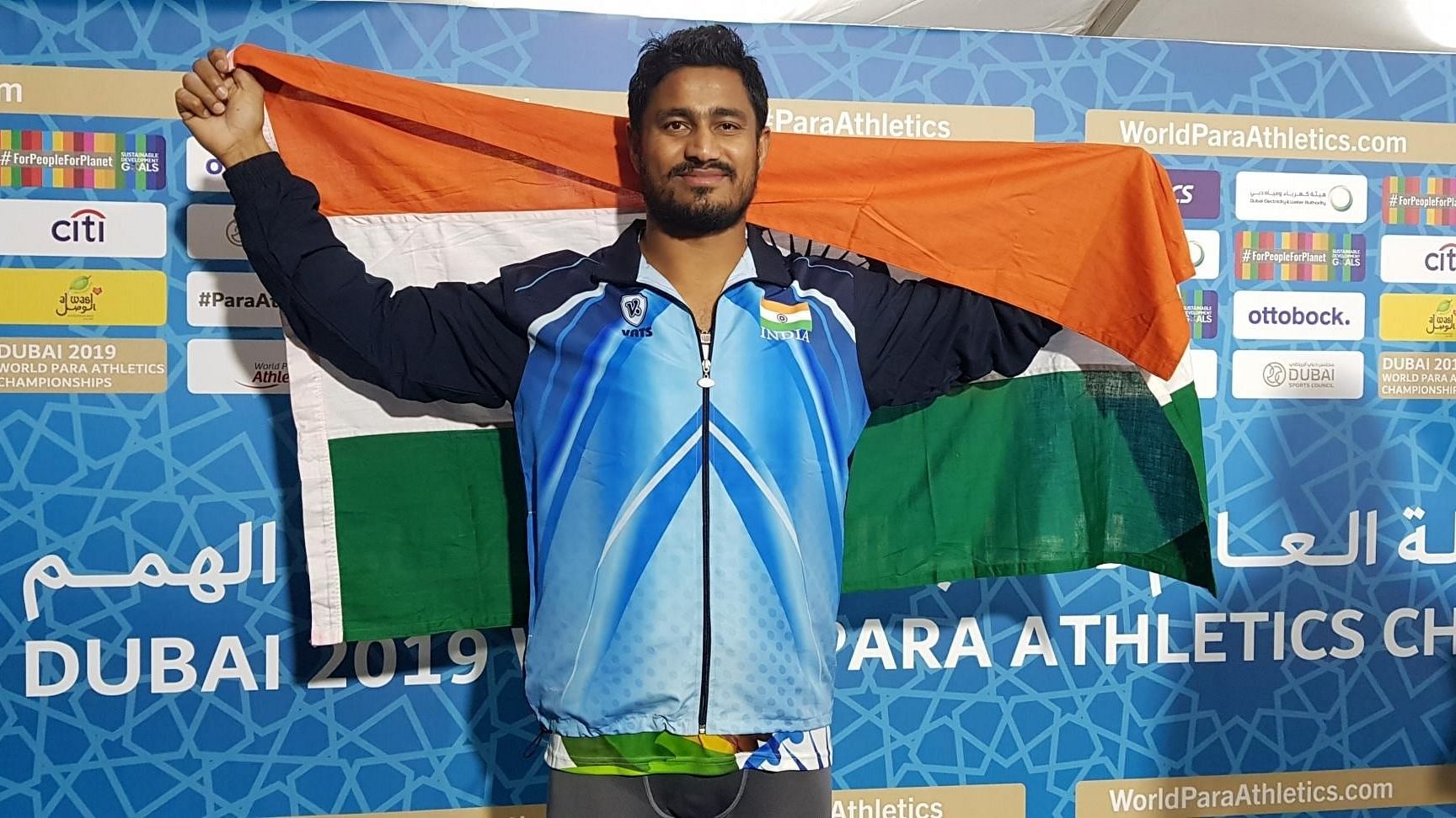 Sundar Singh Gurjar after winning gold for India at the ongoing World Para Athletics Championships.