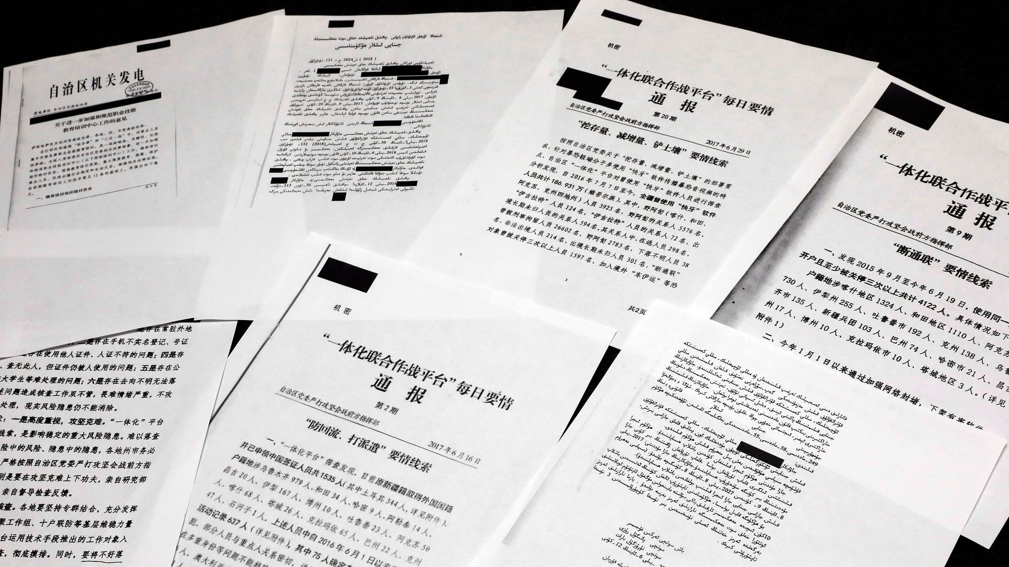 A sample of classified Chinese government documents leaked to a consortium of news organisations is displayed for a picture in New York, Friday, 22 November 2019.