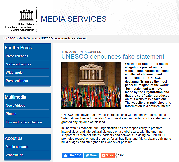 UNESCO had issued a statement that it had never announced Islam as the most peaceful religion.