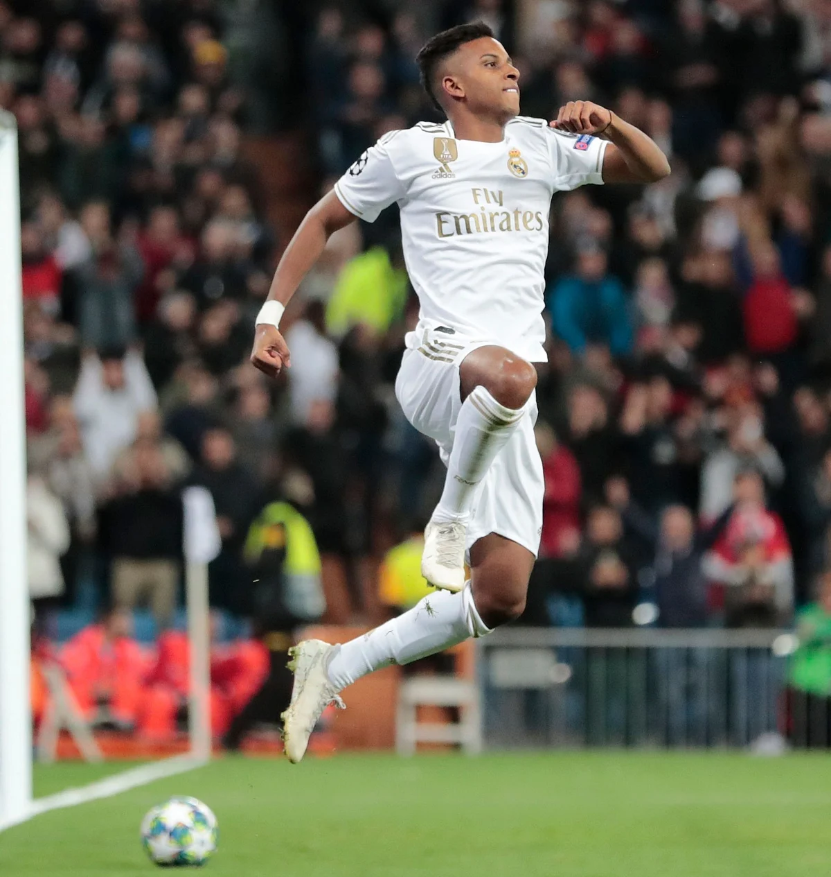 Real Madrid’s Rodrygo celebrates after scoring his side’s second goal during a Champions League group A game between Real Madrid and Galatasaray at the Santiago Bernabeu stadium in Madrid.