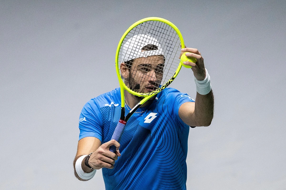 Italy’s Matteo Berrettini serves to Canada’s Denis Shapovalov during their Davis Cup tennis match in Madrid, Spain.