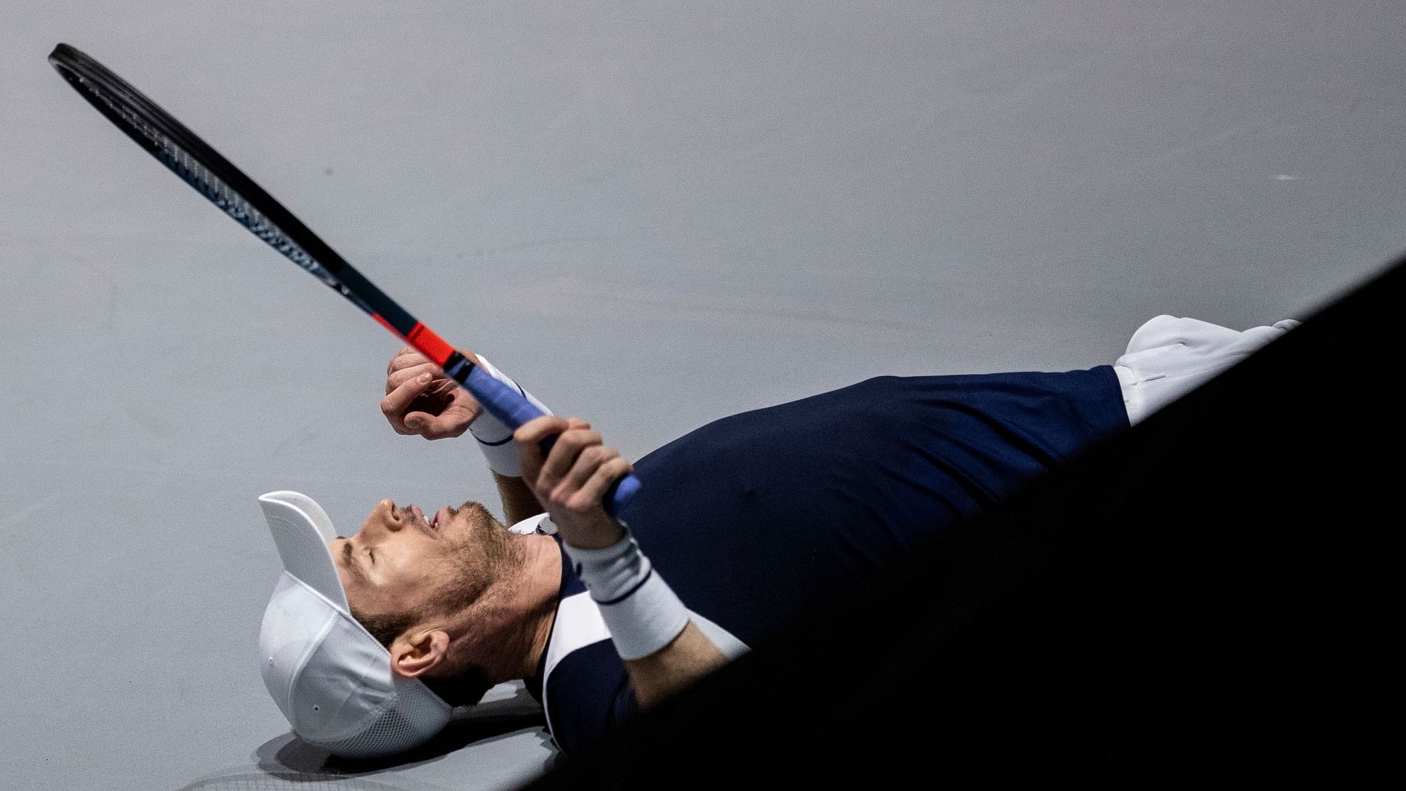 Great Britain’s Andy Murray falls down during the Davis Cup tennis match against Netherlands’ Tallon Griekspoor in Madrid, Spain.