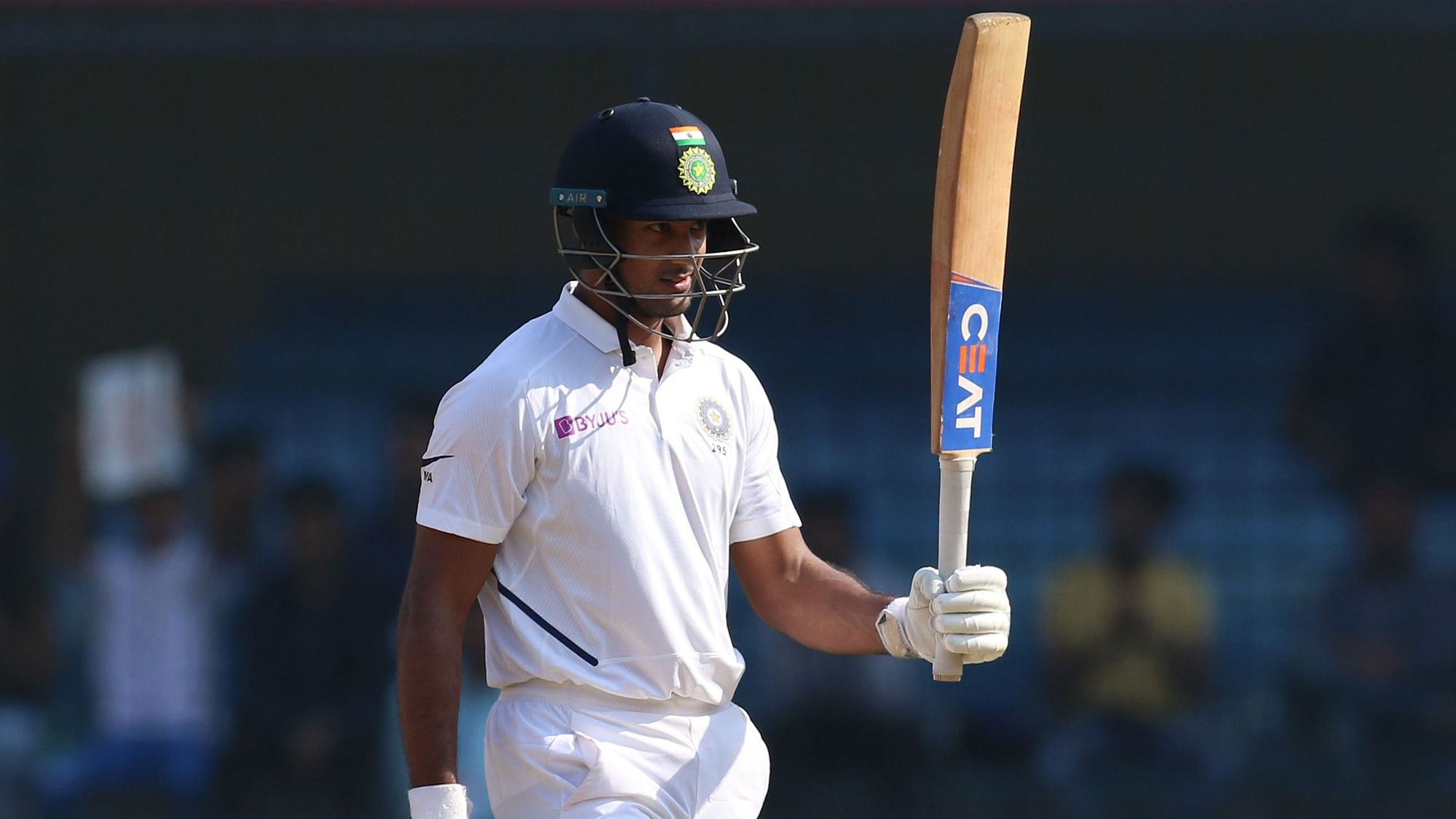 Mayank Agarwal  celebrates his fifty during day two of the the 1st Test match between India and Bangladesh held at the Holkar Cricket Stadium, Indore.