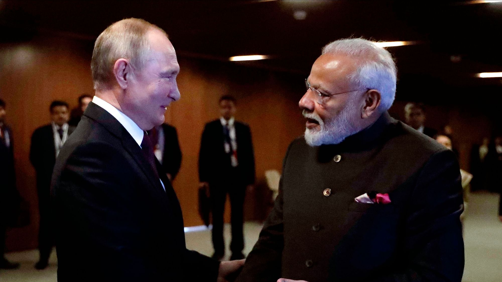 Russian President Vladimir Putin with Prime Minister Narendra Modi at the BRICS Summit.&nbsp;