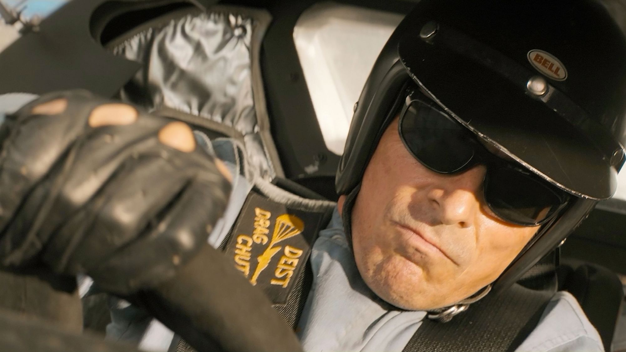 Christian Bale in a scene from <i>Ford v Ferrari</i>.