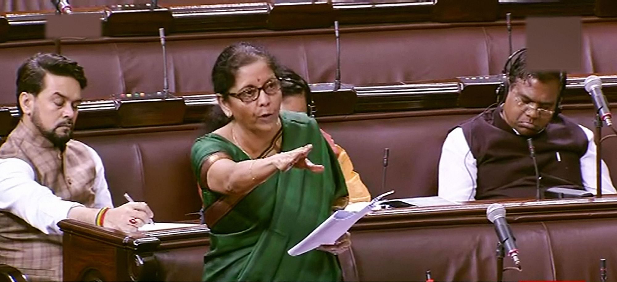 Union Finance Minister Nirmala Sitharaman speaks in the Rajya Sabha during Winter Session of Parliament on Wednesday.