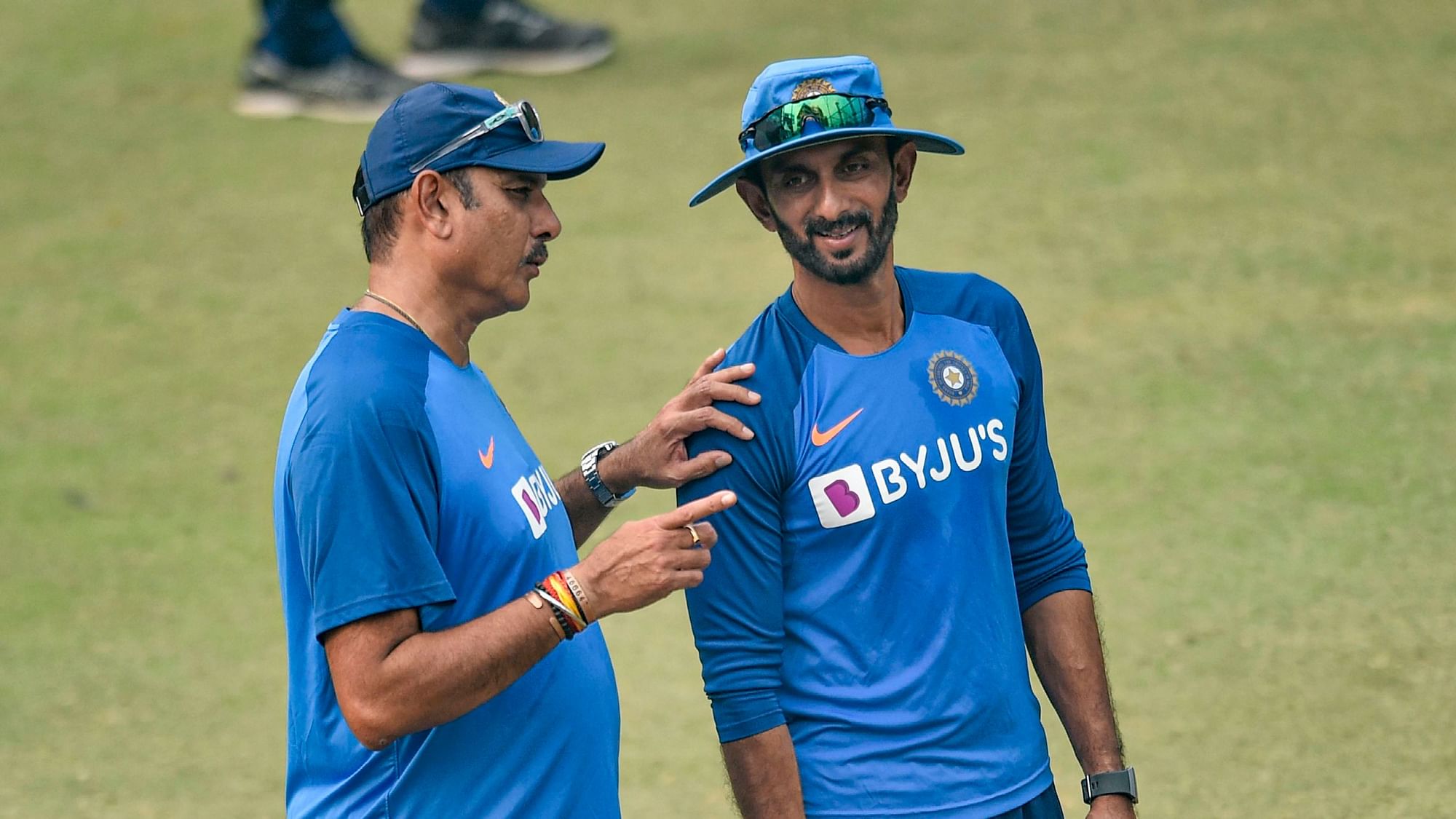 India’s batting coach Vikram Rathour (left) and head coach Ravi Shastri at the practice session in Delhi on Friday.