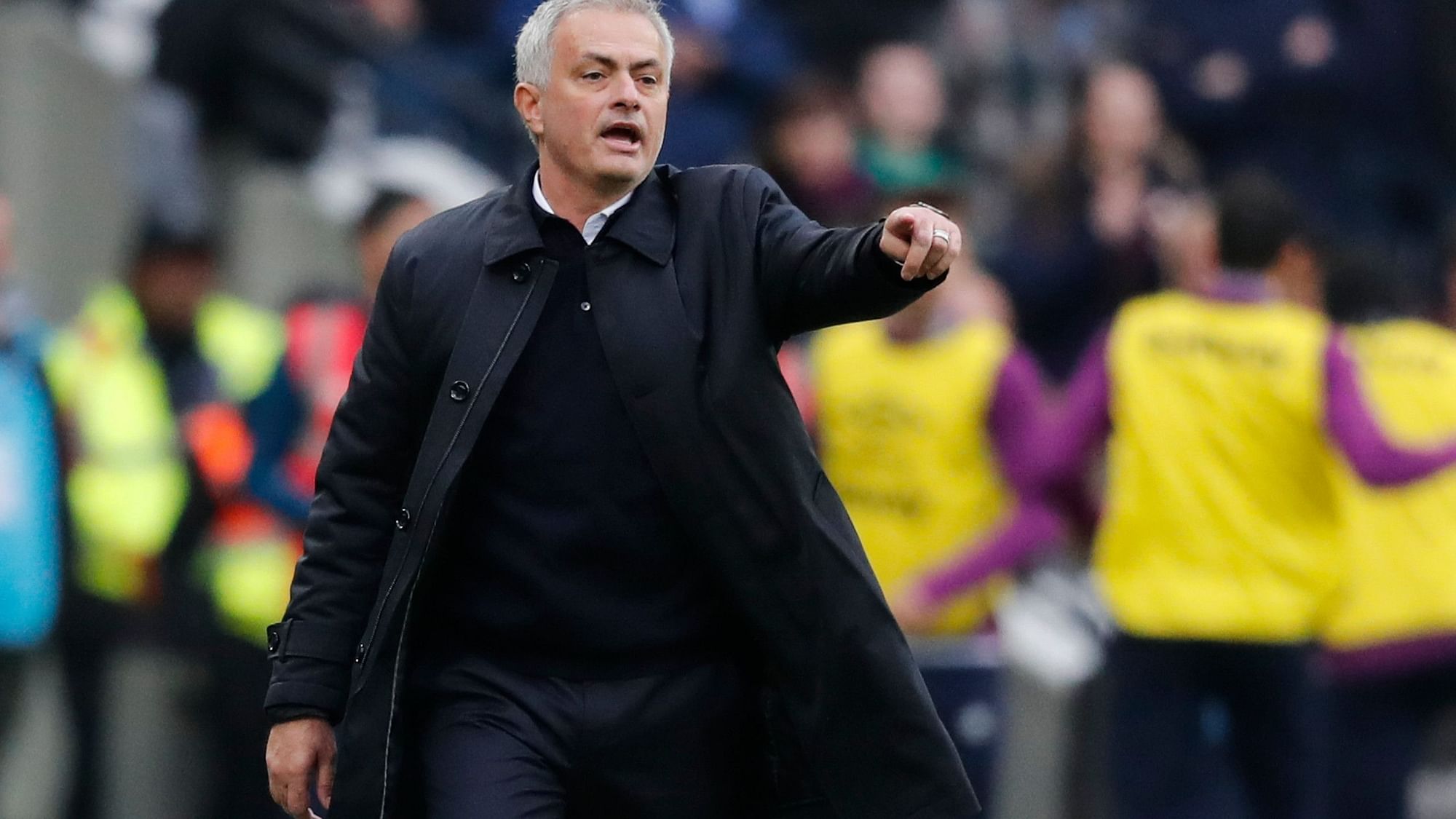 Tottenham’s manager Jose Mourinho calls out to his players during the English Premier League soccer match between West Ham and Tottenham, at London stadium, in London, Saturday, 23 November.