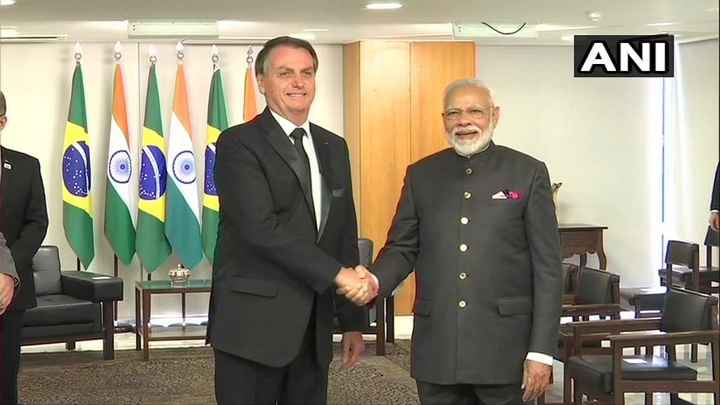 Prime Minister Modi meeting Brazilian President Jair Messias Bolsonaro on the sidelines of BRICS 2019.&nbsp;