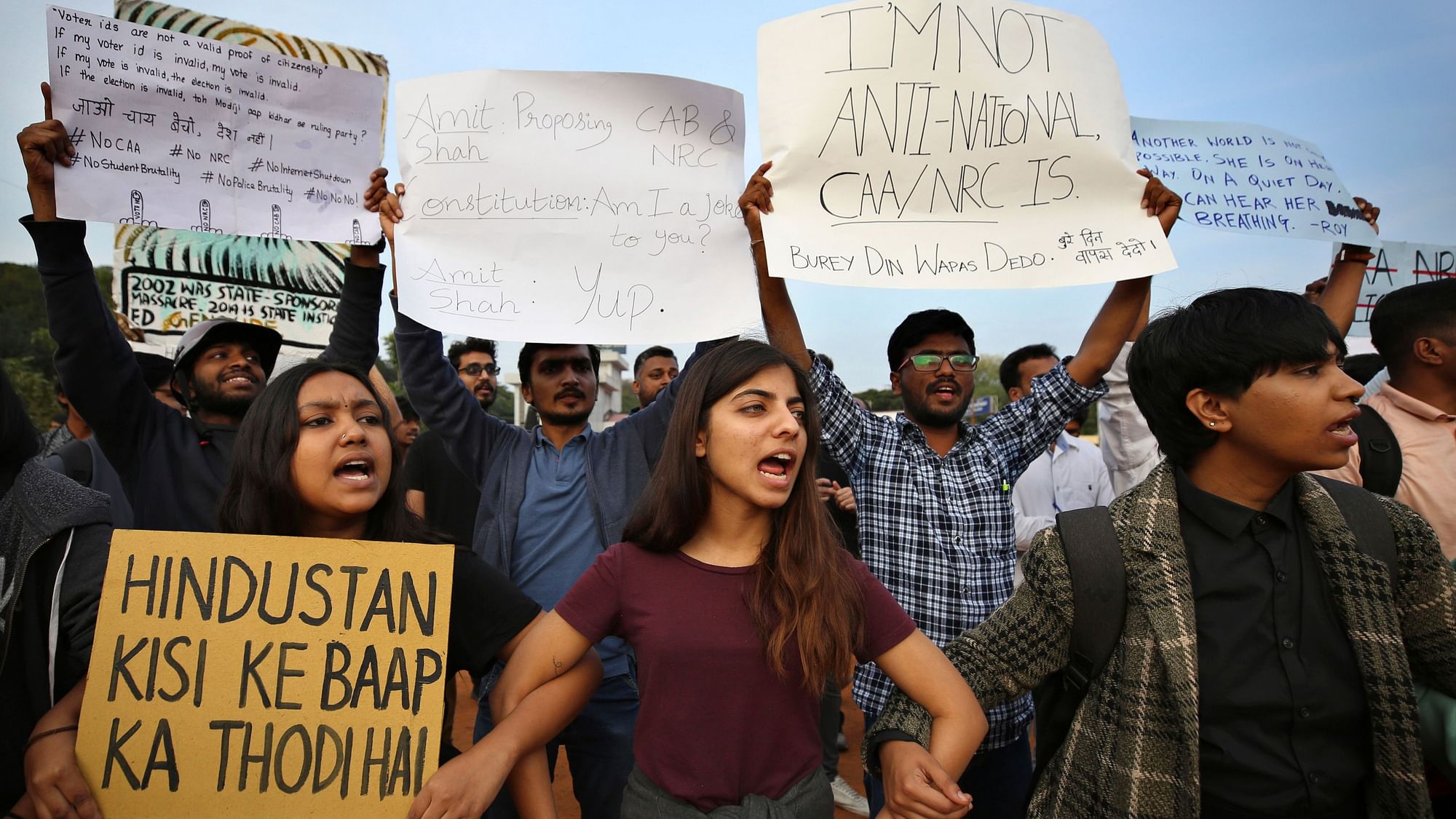 Students shout slogans and hold placards during a protest against the Citizenship Amendment Act in Bengaluru.