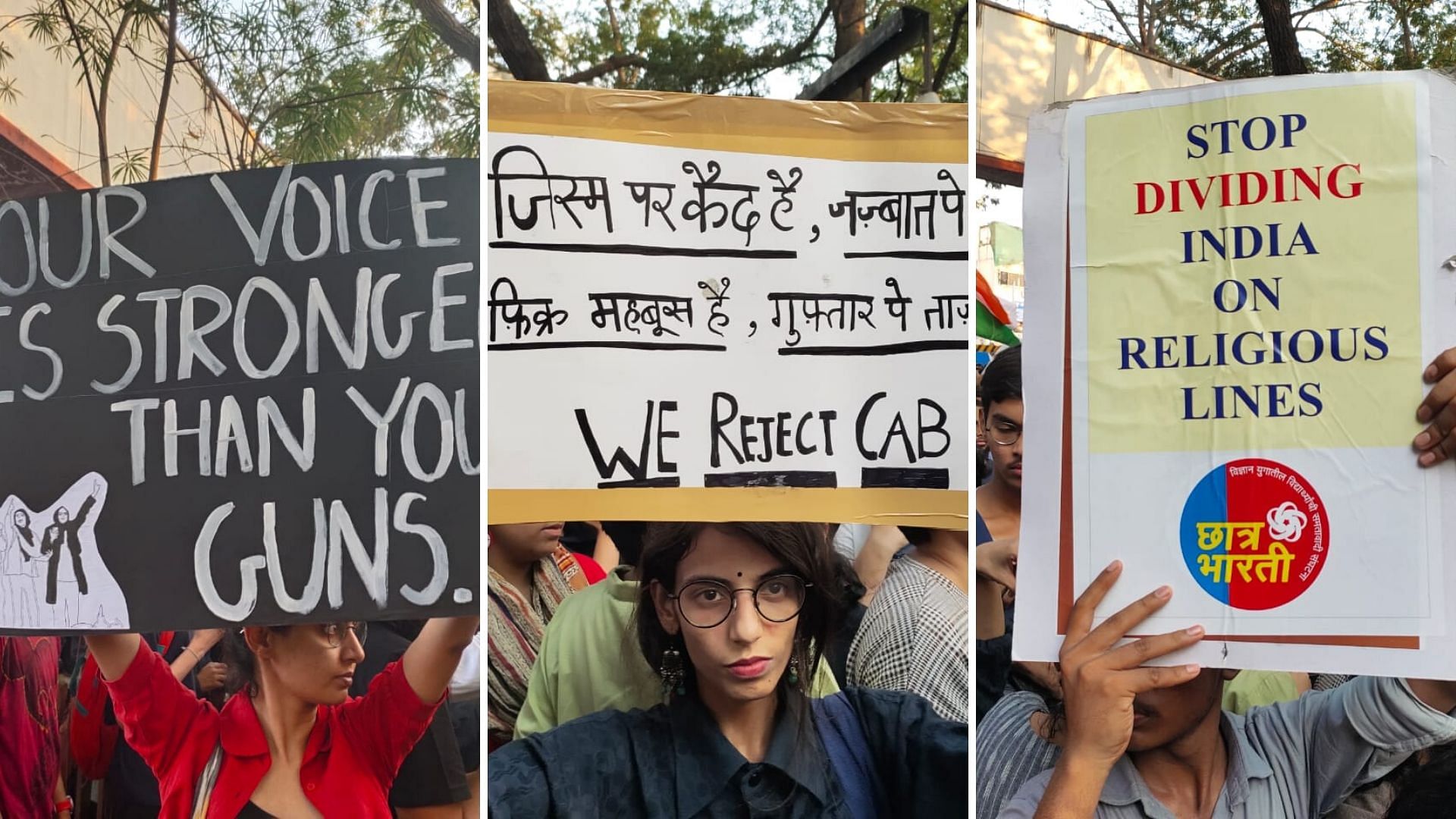 Protesters raise placards inside Mumbai University.