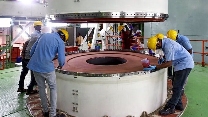 ISRO employees working on the RISAT-2BR1 satellite launch vehicle.