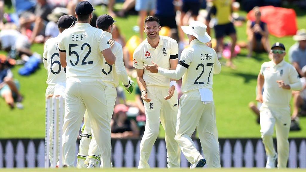 James Anderson (fourth from left) celebrates the wicket of Dean Elgar who fell on the first delivery of the first Test between South Africa and England on Thursday.