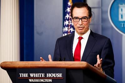WASHINGTON, July 18, 2019 (Xinhua) -- File photo taken on July 15, 2019 shows U.S. Treasury Secretary Steve Mnuchin speaking during a press briefing at the White House in Washington D.C., the United States. Steven Mnuchin said Thursday that discussions between the White House and Congress on raising the federal debt ceiling have made progress, and that the market shouldn