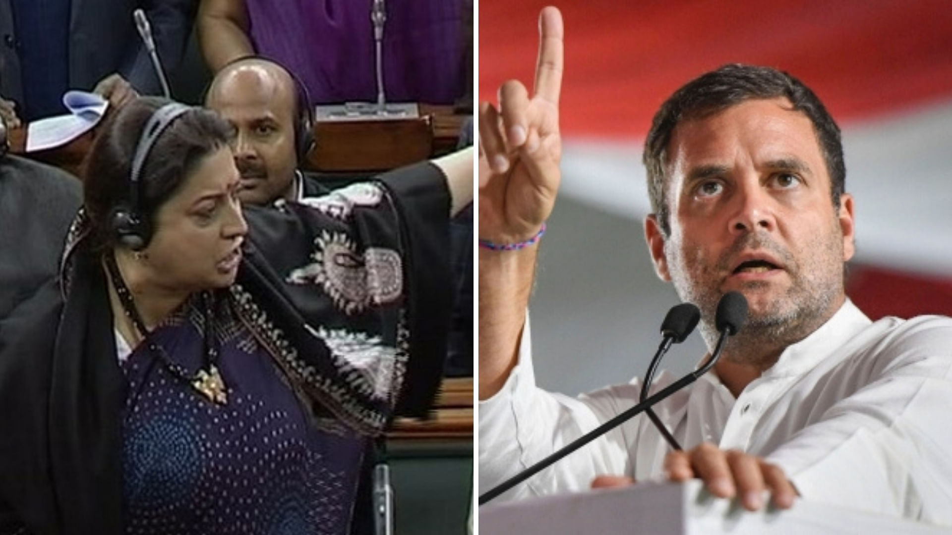 Union Minister Smriti Irani (left) attacked Rahul Gandhi (right) over his ‘Rape-in-India’ remark at a rally in Jharkhand.